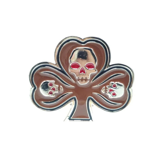 Skull Skeleton Head Brown Enamel Clover Leaf Halloween Belt Buckle Vintage - Picture 1 of 4